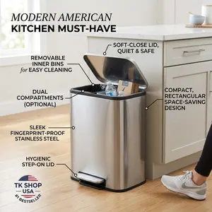 Garvee 13 Gallon Stainless Steel Kitchen Trash Can 50L Rectangular Step Garbage Bin With Soft Close Lid And Fingerprint Resistant Surface Silver