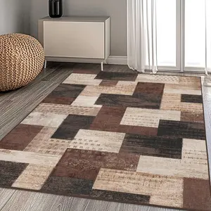 Geometric Patchwork Indoor Area Rug for Living Room, Chocolate Rug Decor for Bedroom, Brown Throw Carpet for Office Entryway Dining Room