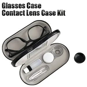 2 in 1 Contact Lens Case and Glasses Case Double Sided Dual Use Design with Mirror Tweezer and Contact Lens Solution Bottle Perfect for Home Travel Black