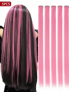 Vibrant Hot Pink 5PCS Clip-In Hair Extensions – 20 Inch Long Straight Synthetic Strands for Cosplay, Carnival, Music Festivals & Holiday Celebrations