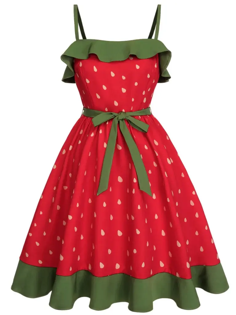 RETRO STAGE Women's Plus Size Sleeveless Strawberry Casual Dress - Bohemian Vintage Aesthetic Summer Casual Comfy Chic Wear, Curvy Women's Clothes with Bow Detail, Ruffled Trim, Back Zipsummer dresses vacation outfits