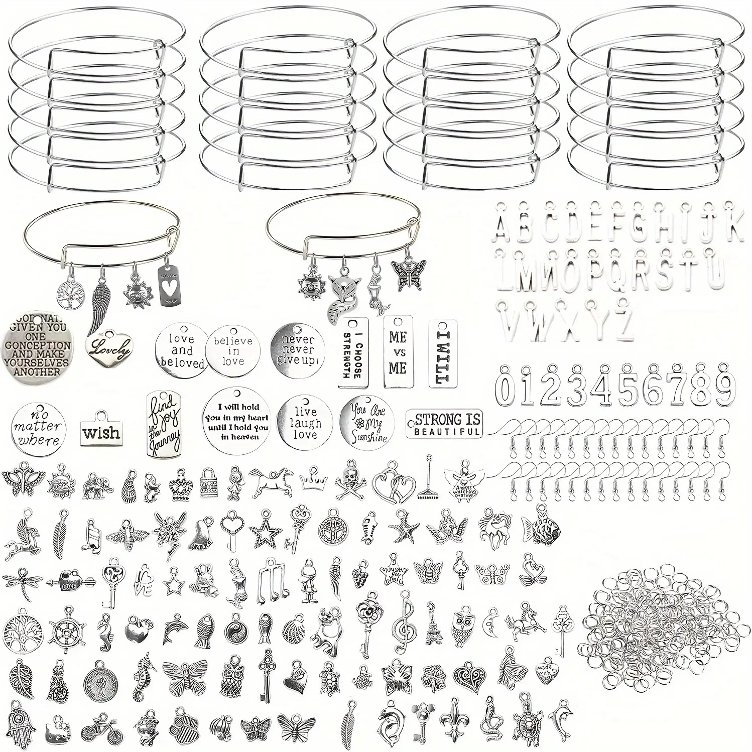 DIY Jewelry Beading Making Beginners Kit - 357-Piece Set with 20 Adjustable Beaded Design Blank Bracelets (65mm/2.6in), 107 Silvery Bangle Charms, 30 Earring Hooks, 200 Open Loops (6mm/0.2in), Craft Gift, Bead Mix, Halloween