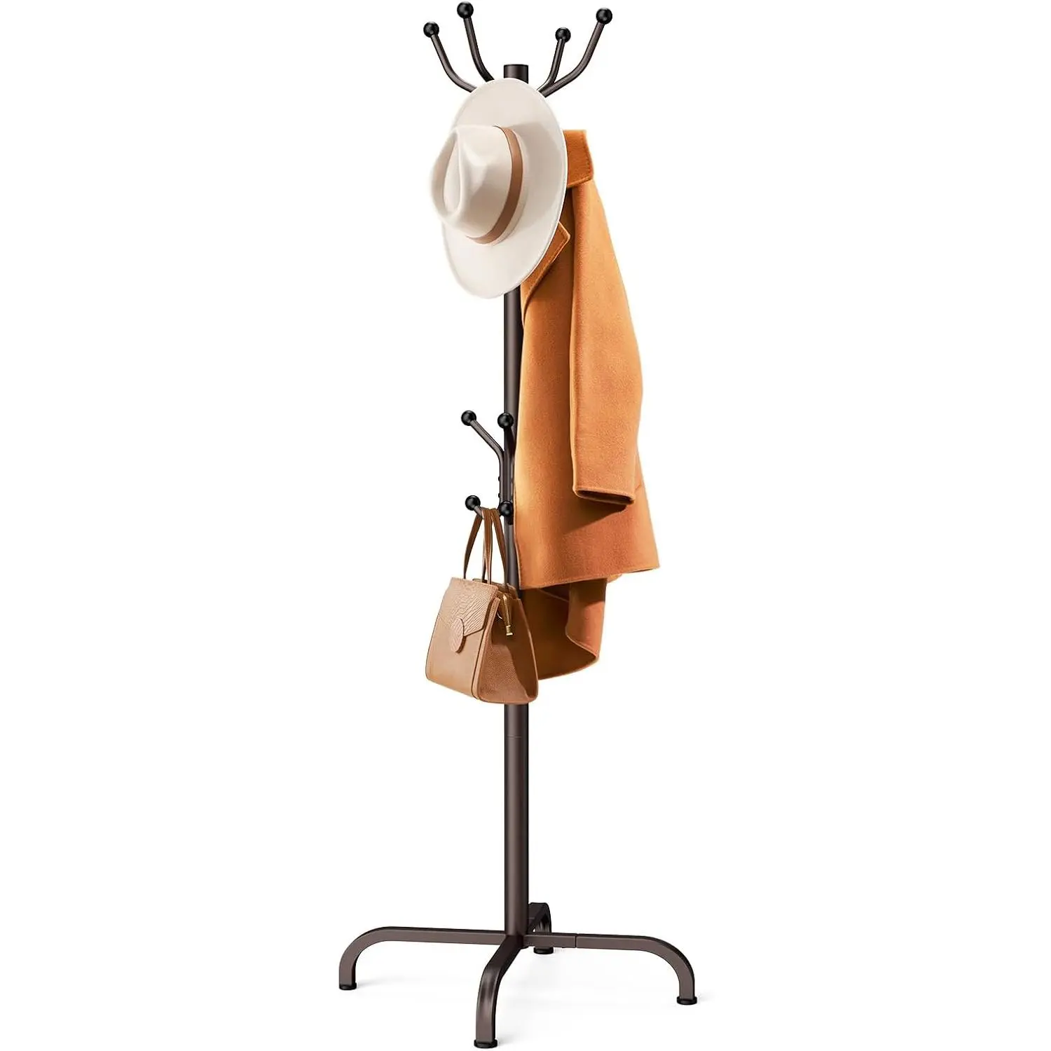 Coat Rack with 14, Coat Rack Stand for Entryway, Hallway, Bedroom, and Office, Coat Tree & Hat Rack for, Hats, and Bags, Brown| frame, stable four-point base, 2 hook heights for adults and kids, rods & prevent clothing snags