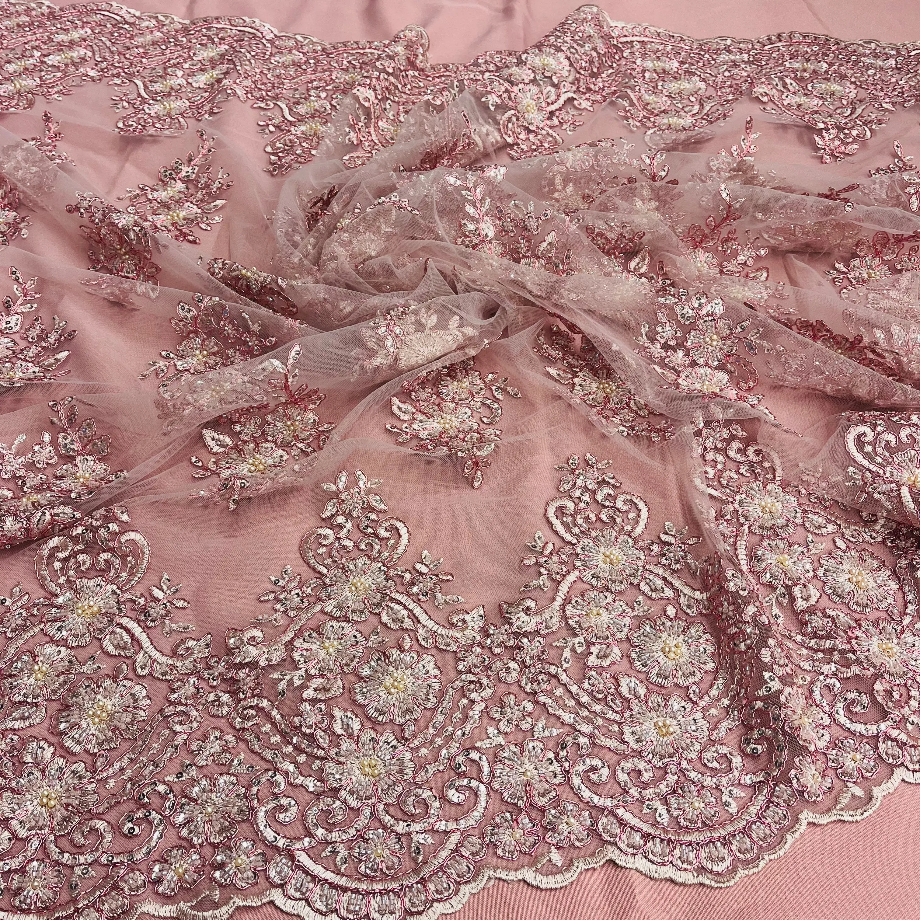 Elegant Beaded Corded Lace Fabric - 100% Poly Metallic with Scallop Embroidery | Lace USA - GD-1245, Elegant Lace