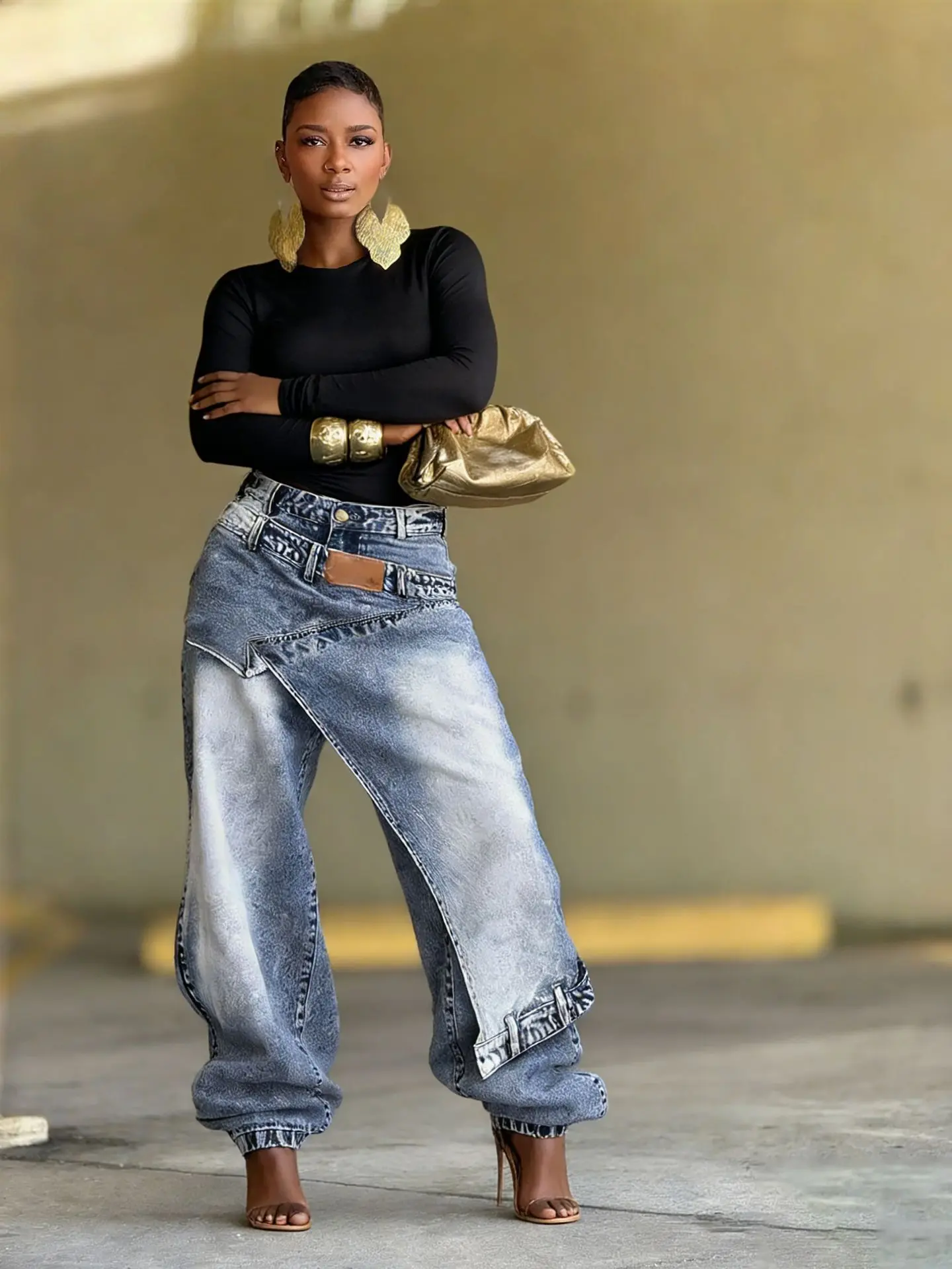 Deconstructed Layered Washed Denim Jeans