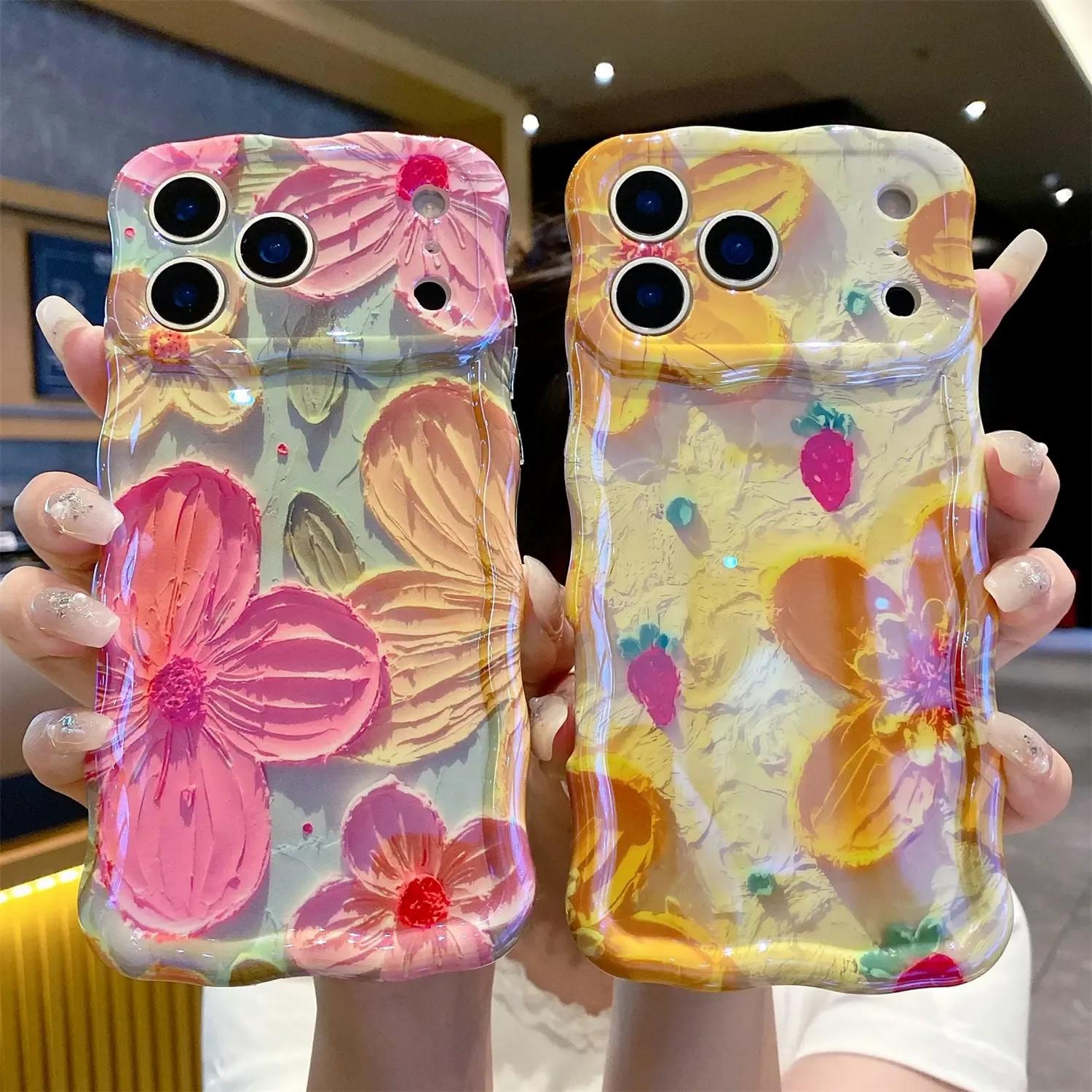 Laser Colorful Retro Oil Painting Flower Pattern for iPhone 17 Pro Max/17 Air 16 15 14 13 Pro Cute Curly Wave Frame Exquisite Phone Case for Girls Women, Shockproof TPU Protective Phone Cover