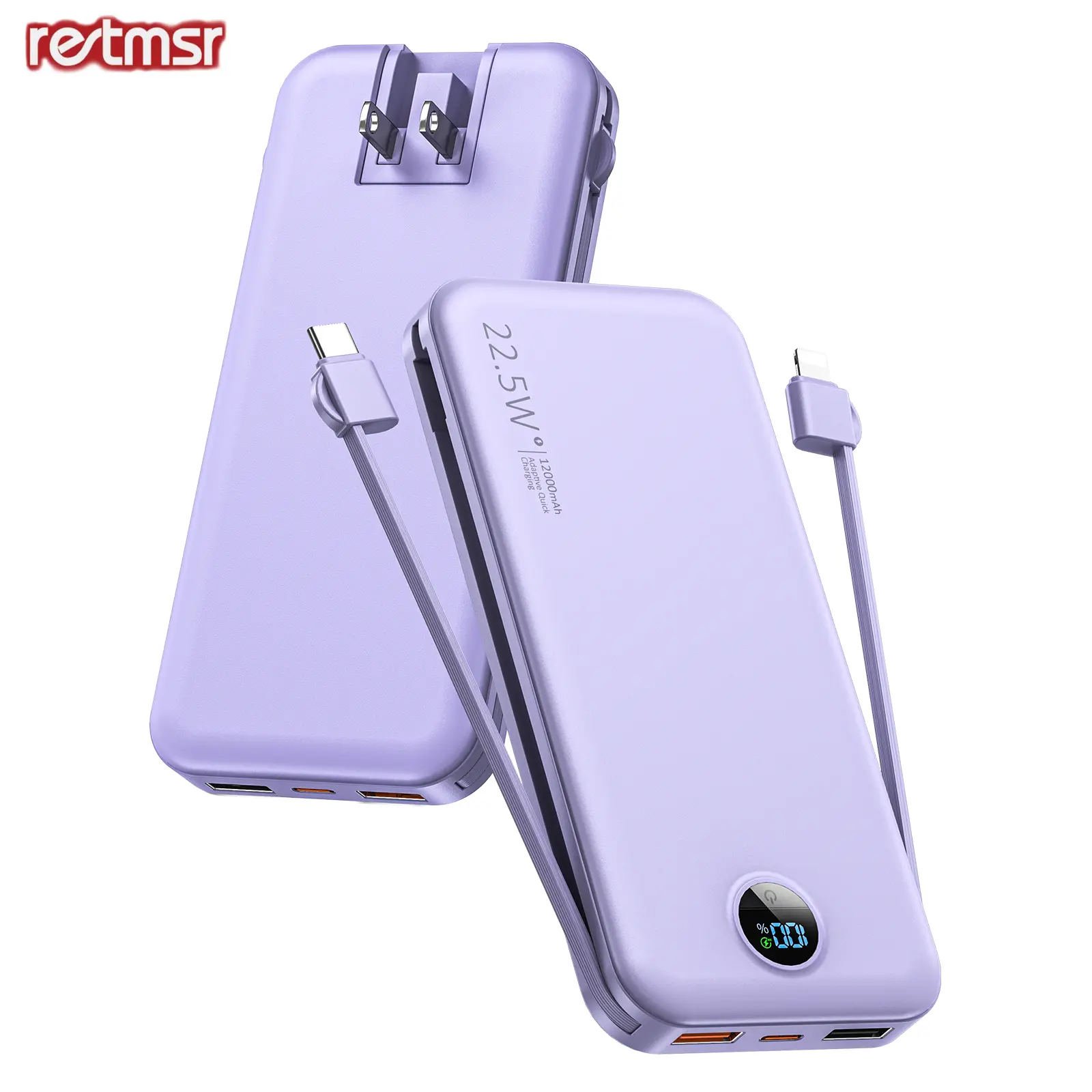 RETMSR Portable Charger with Built-in Cables, LED Display, 12000mAh Ultra Slim Power Bank ， Features Built-in Wall Plug， power bank charger Compatible with iPhone 15/14/13 Series & Samsung iPad battery power bank,back to school