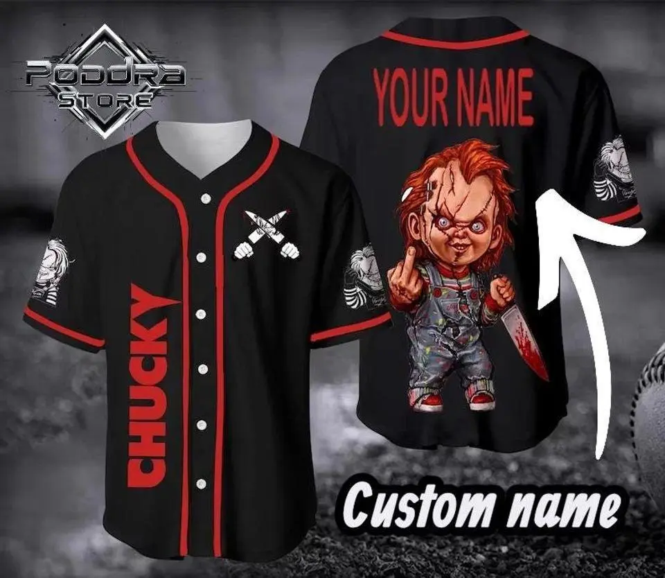 Personalized Horror Baseball Jersey - Custom Name Kller Doll Shirt Halloween, Horror Movie, Gothic Horror Sports Outfit