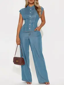 Olivia Wide Leg Pant Set - Light Wash