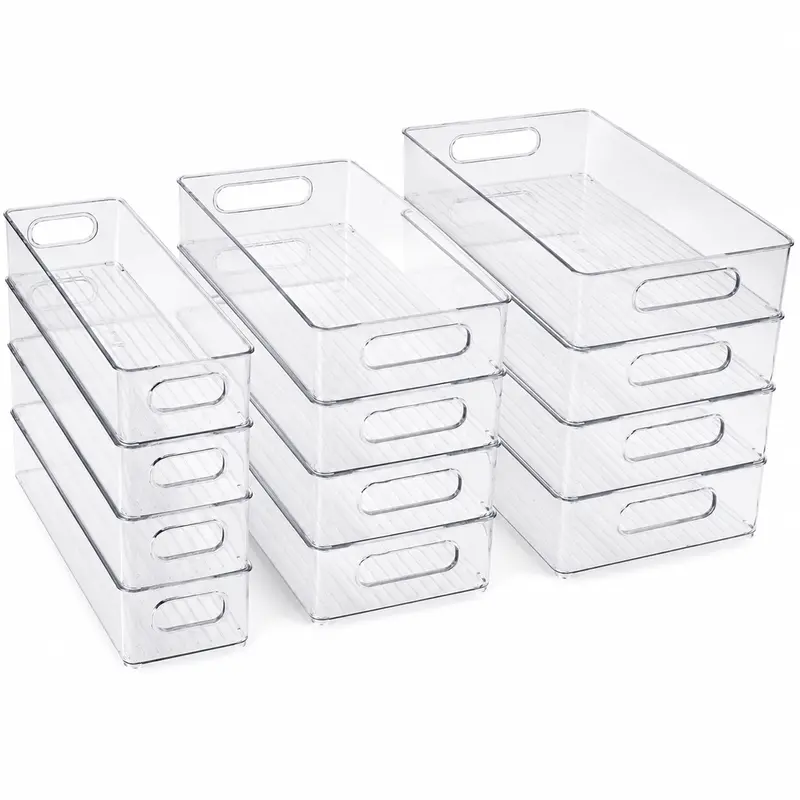 Multifunction Durable Portable Clear Stackable Refrigerator Organizer Bins - 3 Sizes, 3/6/9 Packs with Handles for Fridge, Freezer, Cabinet - Home Kitchen Open Storage Bins