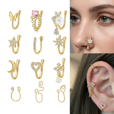 CZ Rhinestone Fake Nose Rings Hoops Set, Secure Adjustable Non-Piercing Clip-On Body Jewelry for Festivals & Daily Wear, Silver-Gold-Pink Colors, Fake Piercings