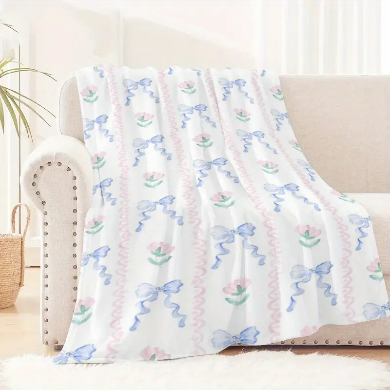 Soft Warm Throw - 280GSM Super Soft Plush Polyester, Pastel Bow & Floral Print, Machine Washable Retro Home Decor Blanket, Cozy for Sofa, Bedroom