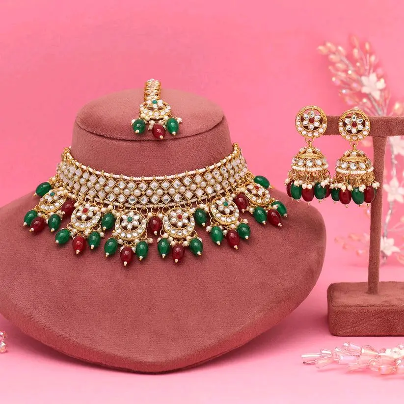 Maroon Green Imitation Pearls with Kundan Stones Elegant Necklace with Jhumka Earrings n Tikaa