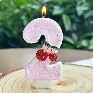 1pc Cherry birthday cake candles, glitter number candle cake decorations Ornaments for anniversaries Weddings and Parties, handmade creative birthday candles