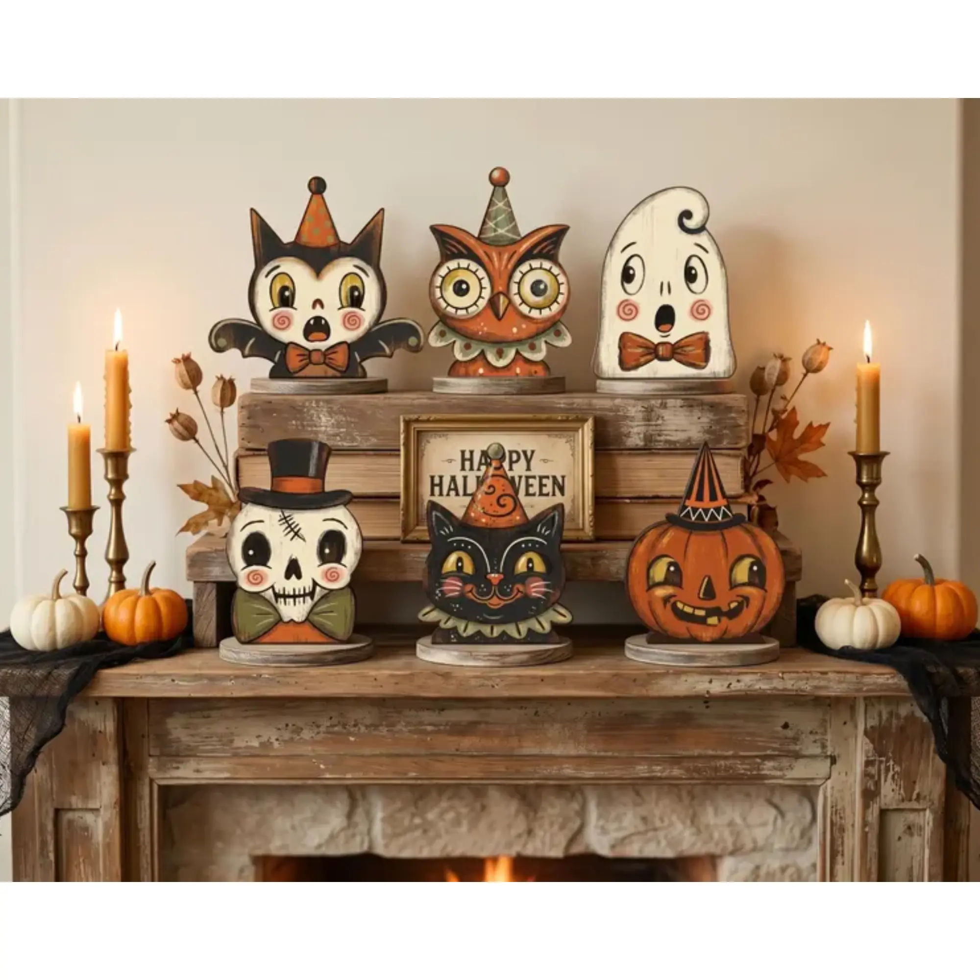 Vintage Halloween Decor Indoor, Retro Wooden Block for Shelf Decor, Cute Ghost, Pumpkin, Black Cat, Skeleton, Witch Owl, Housewarming Gift (Code2)