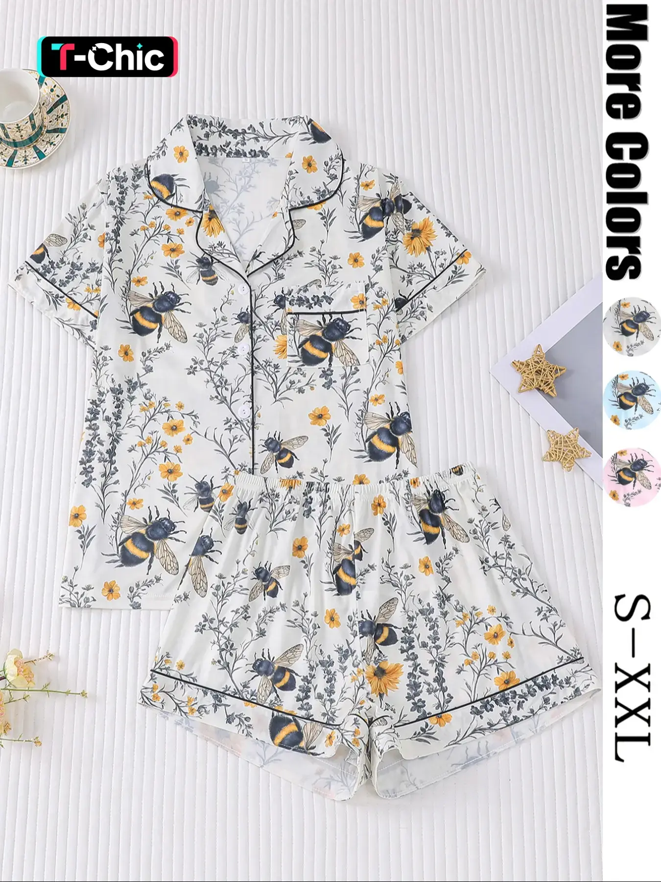 Women's All Over Plants & Bee Print Short Sleeve Pajama Two-piece Set, Loungewear, Loungewear Pjs Set, Elegant Casual Comfy Button Front Pocket Design Lapel Neck Top & Elastic Waist Shorts PJ Set, Ladies Sleepwear for All Seasons