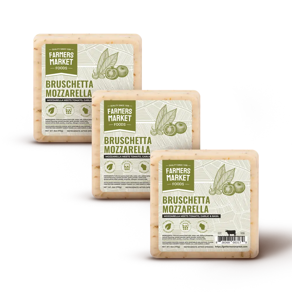 Farmers Market Bruschetta Mozzarella Cheese - 3 Pack Wisconsin Cheese Blocks, Gluten Free Keto Paleo Friendly, Zero Sugar Low Sodium Snack Cheese, Gourmet Mozzarella with Sun Dried Tomato Basil & Garlic