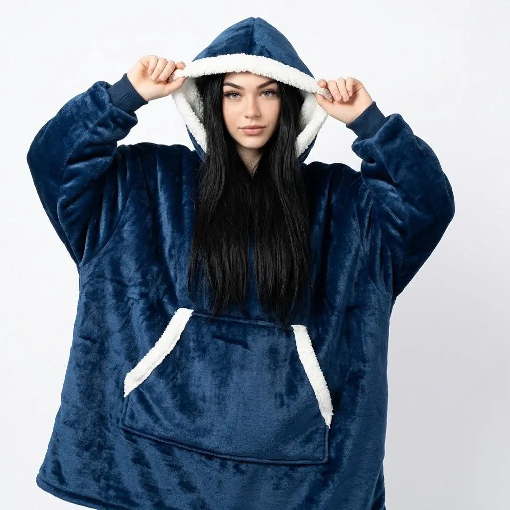 Biahyda Solid Color Flannel Oversized Wearable Blanket Hoodie, Warm Long Sleeve Women’s Loungewear Pajamas, 35.43 Inches Length Home Outfit