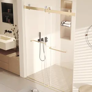 60" W x 72" h Semi-Frameless Sliding Shower Door, Double Sliding Tempered Glass Shower Door, Easy-to-Clean Treated Clear Tempered Glass for Walk-in Shower Bathroom, Square Tube Brushed with Gold Tape