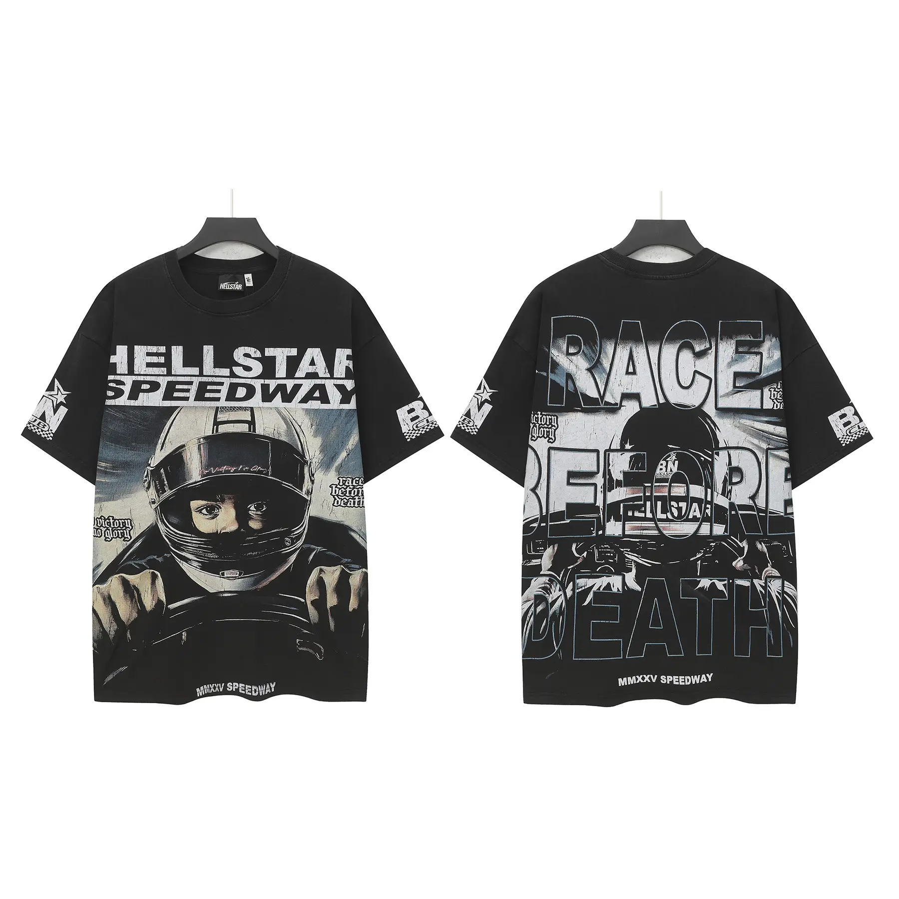 2026 HELLSTAR 100% Cotton Certified Speedway Helmet Graphic Tee Race Before Death Washed Black Standard Fit Shirt Y2K Halloween Gift