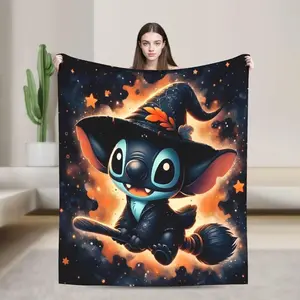 DISNEY CLASSIC Halloween Wizard Stitch Flannel Blanket - Soft, Warm, Cartoon Design, Sofa, Bed, Office, Blanket for Couch