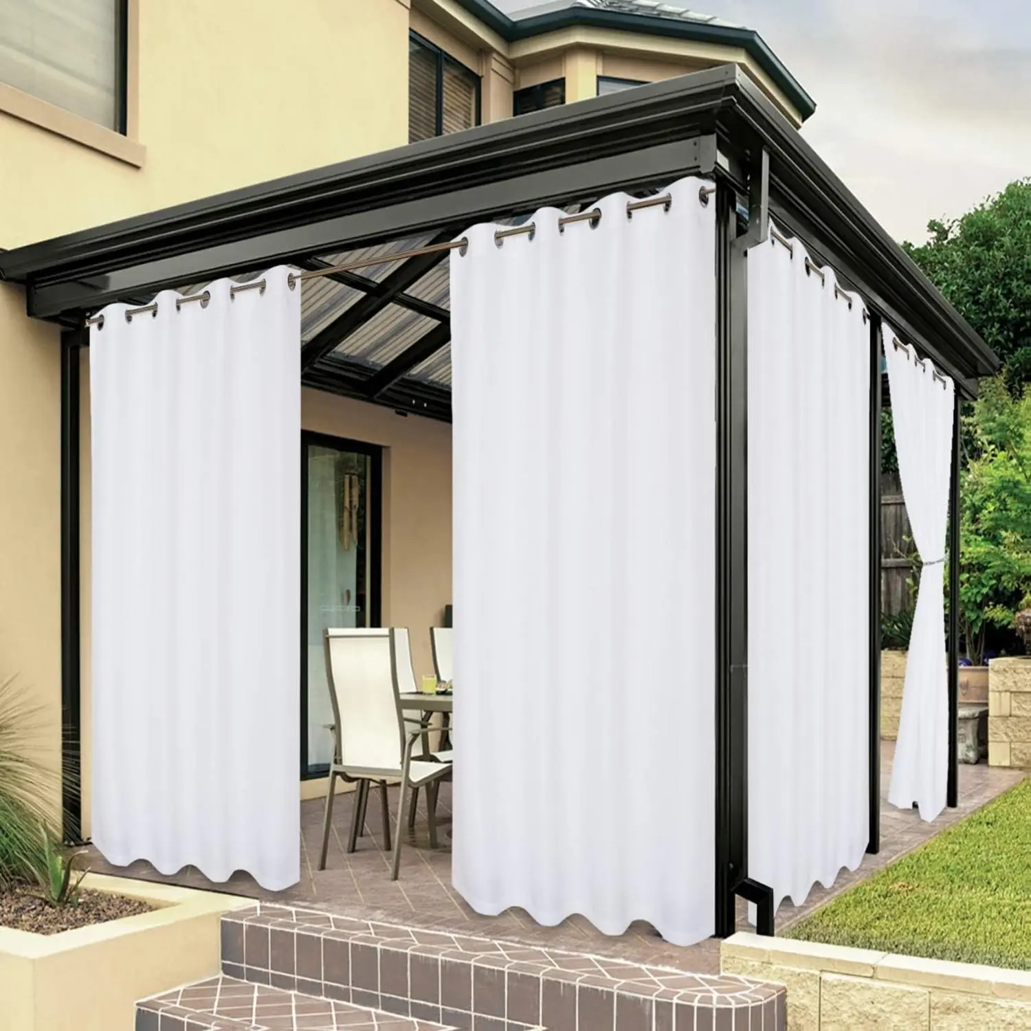 Premium Thick White Solid Modern Outdoor Curtain Drape - 1 Panel (54W x 84L in), Waterproof Polyester Fabric, Rust-Proof Stainless Steel Grommets, Machine Washable, Tumble Dry Low for Patio, Decks