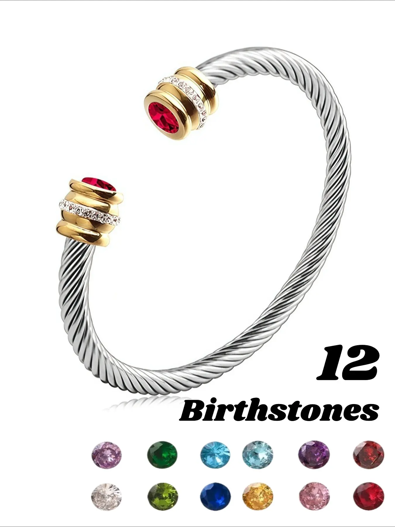 Unisex Stainless Steel Zircon Birthstone Bracelet, December Birthstone, Colorful Zircon, Open Cuff Design, Perfect Gift, High Quality Bracelet, Bracelet Jewelry