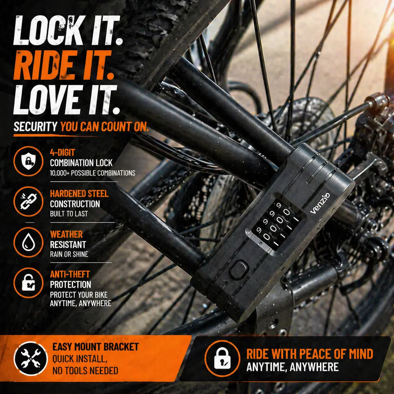 Venzio Bike Combination U Lock, Heavy Duty Anti Theft 4-Digit Resettable Code 12mm Shackle Bicycle Lock with 2mm PVC Coating, 4.88" x 8.58", Keyless Security U Lock for Scooter, Motorcycles, Gate