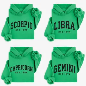 (LEAVE A NOTE or DM SHOP) Custom Zodiac Hoodie with Est Year - Irish Green, Cute Horoscope Astrology Graphic Hoodie, Unisex Crewneck Hoodie, Personalized Zodiac Energy Gift for Birthday, Star Sign Lovers, Celestial Hoodie - AL