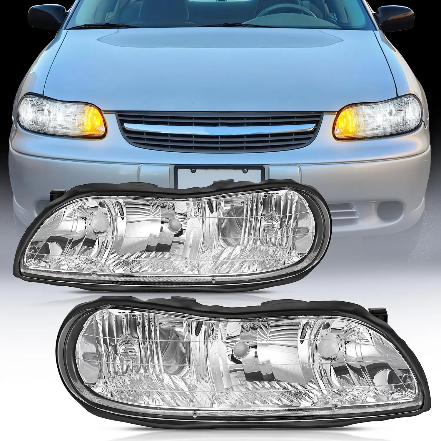 Nilight Headlight Assembly Compatible with 1997 1998 1999 2000 2001 2002 2003 Malibu 2004 2005 Chevy Classic 1997-1999 Oldsmobile Cutlass Replacement Headlamp Chrome Housing Clear Reflector, High Compatibility