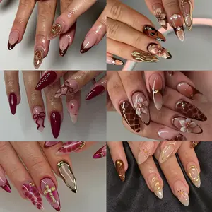 144 Almond Shape Medium Nail Tips Set, Glossy Finish, Butterfly & Cross Designs, Pearl Elements, Leopard Print, Star Pattern, for Women & Girls, Almond Shape Nails