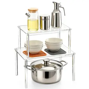 Clear Acrylic Cabinet Organizer Shelf, Set of 2 Spice Rack Organizer for Kitchen, Countertop Desk Organizers Display Riser Shelves, Stackable Kitchen Cabinet Shelf, Pantry Storage