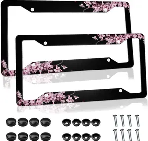 Cherry Blossom License Plate Frame  License Plate Cover Funny Auto Accessory Bracket  Metal Black License Plate Frames for Women Men (Set of 2, 12.3" x 6.3")