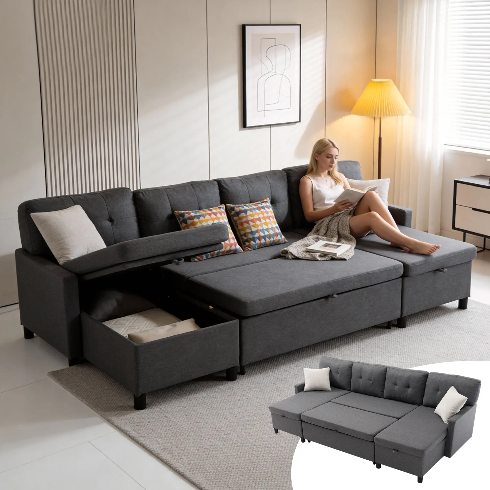 Modular Sectional Sofa with Storage, 3-Seater L-Shaped Couch with Sleeper Bed and Reversible Ottoman, Easy to Assemble