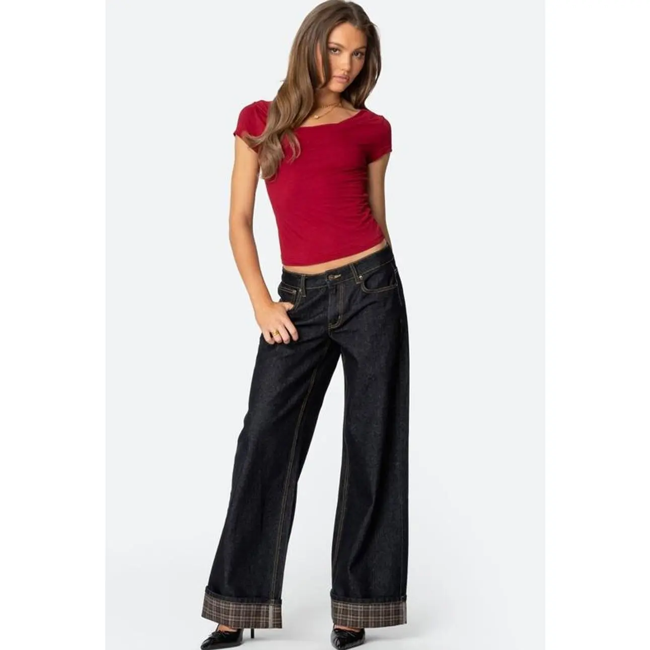 EDIKTED Plaid Cuffed Low Rise Baggy Jeans EDIKTED Plaid Cuffed Low Rise Baggy Jeans