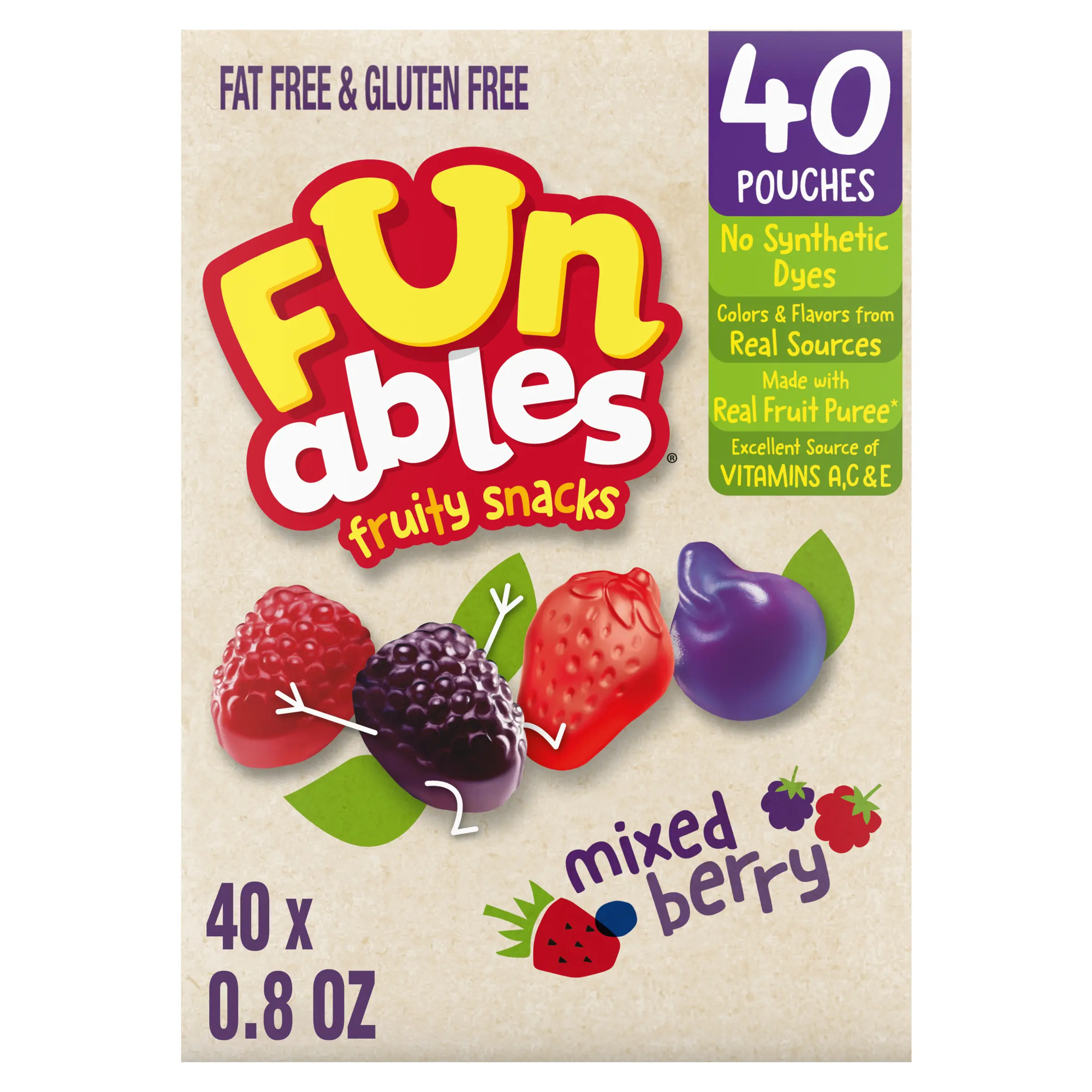 Funables Fruity Snacks, Mixed Berry Flavored Snacks, 0.8 Ounce Pouches, 40 Count