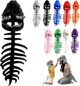 Plush T-Rex Skeleton Costume Headpiece with Spine, Halloween Dinosaur Skull Cosplay Accessory for Adults & Kids, Soft Tyrannosaurus Rex Bone Dress-Up Prop