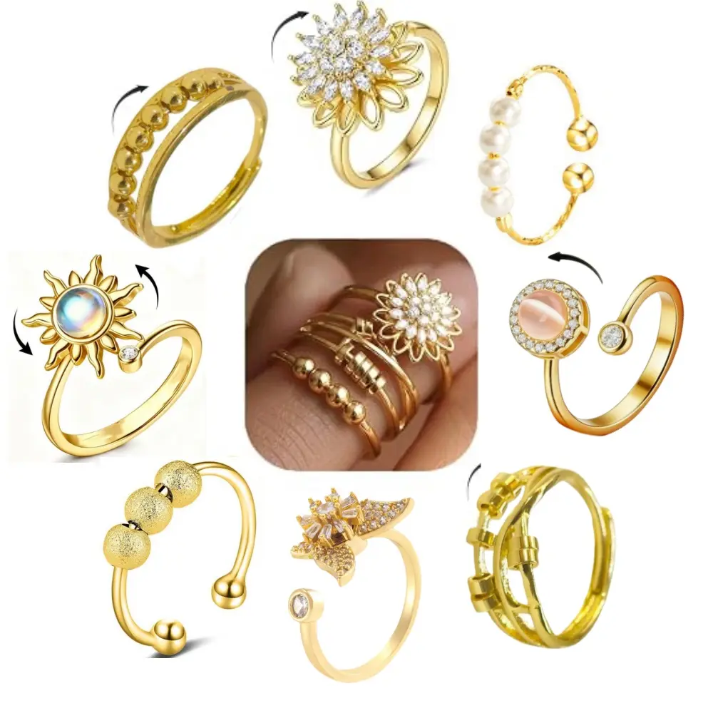 8 pcs Fidget Anxiety Rings Stress Relief Open Ring Open CZ Flower Moon Star Anti Rotatable Rings for Women Men Spinner Rings