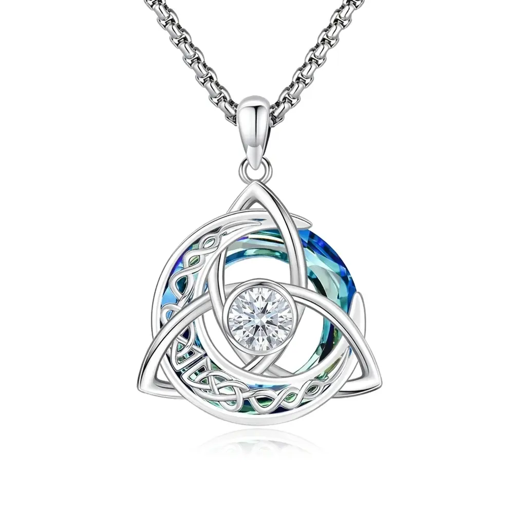DRINSPER Celtic Birthstone Necklace for Women Men, Trinity Knot Triquetra Crescent Moon Pendant with Cubic Zirconia and Austrian Crystal, 12 Birth Month Jewelry, Adjustable 22-24 Inch Chain, Birthday Anniversary Irish Scottish Gift