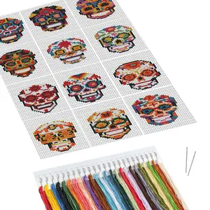 Skeleton Pattern DIY Cross Stitch Kit, 12pcs/set DIY Cross Stitch Printed Canvas, Handmade Gift for Beginners, Cross Stitch Supplies, Embroidery Thread
