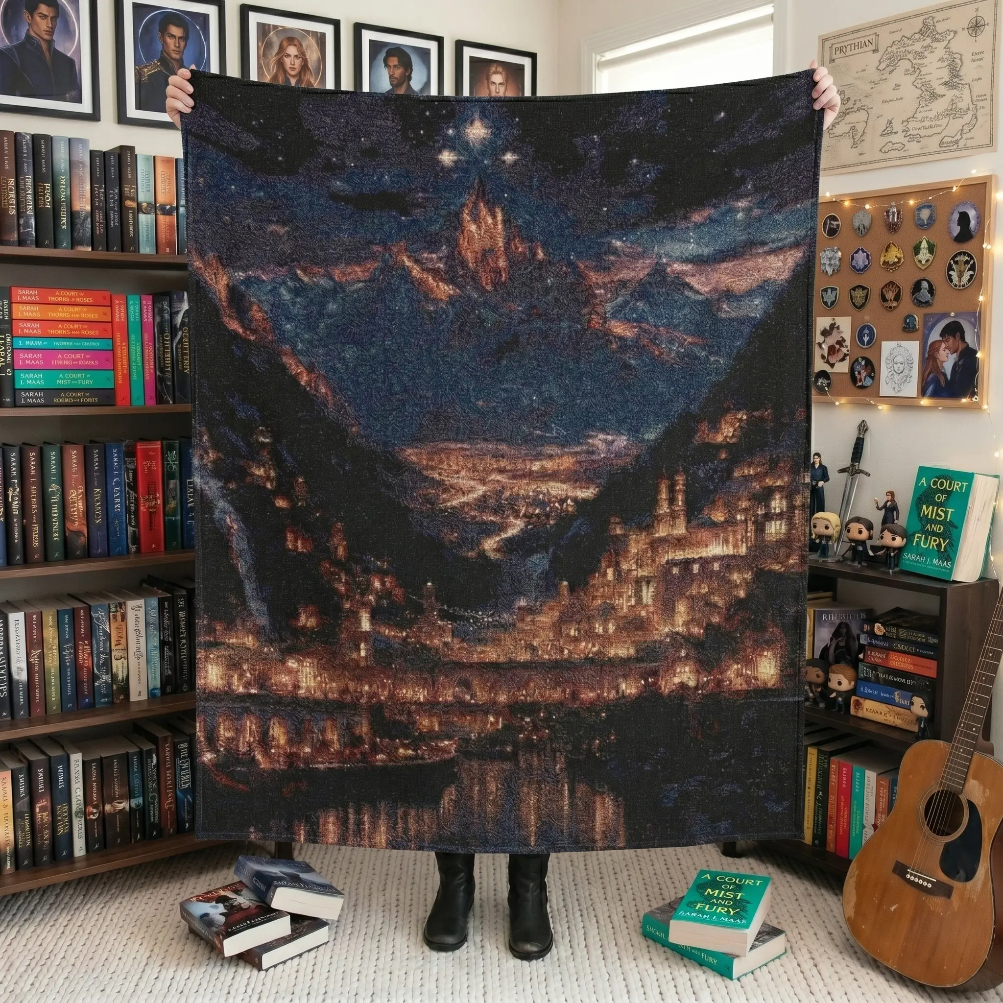 Velaris Reading Blanket SJM, ACOTAR Merch The Night Court, woven blanket Throw A Court of Thorns and Roses Romantic Reading Nook Tapestry