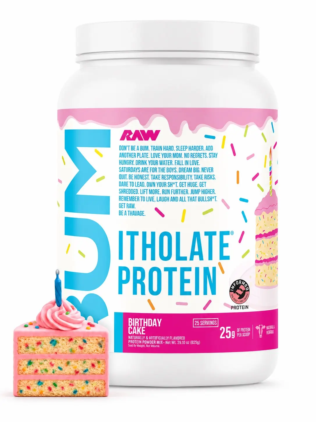 RAW BUM Isolate Protein Powder, Birthday Cake Flavor, Fitness Dietary Supplement - 25g Per Serving, 25 Servings, 825g Single Tub, Boosts Metabolism, Edible