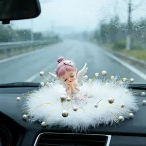 Dreamy Angel Girl Car Ornament, Luxurious Elegant Style, Non-Slip Feather Pearl Base, High-End Interior Decoration for Girls, Car Interior Ornaments