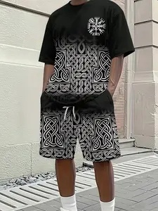 Men's 3D Digital Print Two-Piece Set, Cultural Viking Rune Totem Print Short-Sleeve Set, Trendy Casual Two-Piece, Beach Vacation Style Fashion Outfit, Lightweight and Breathable Sporty Casual Style, Perfect Gift for Men on Festivals