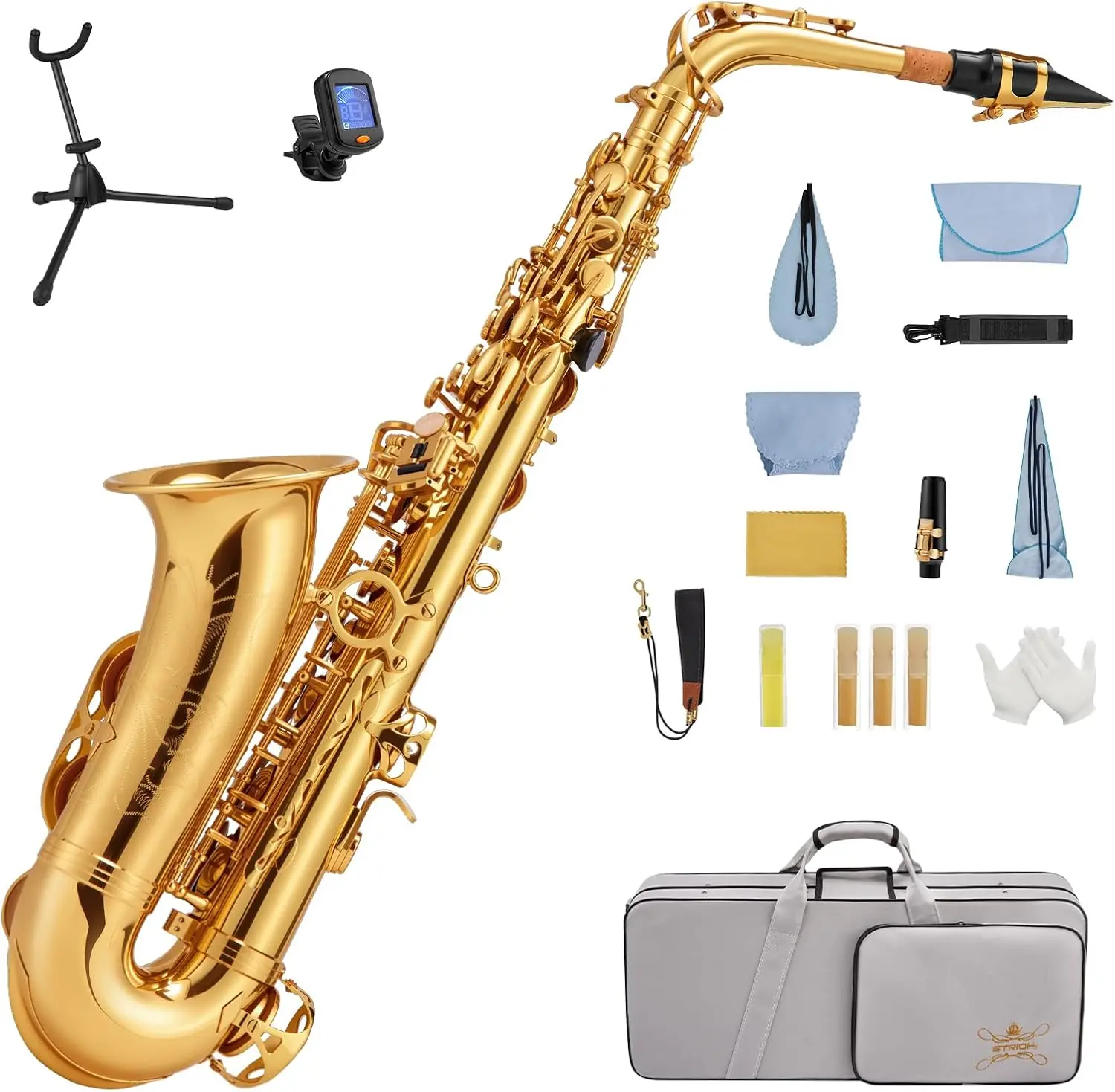 STRICH Eb Alto Saxophone Brass Student Beginner Alto Sax Kit with Hard Case Stand Neck Strap Mouthpiece and Reeds for School Band Home Practice, SSA-31G, Gold