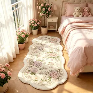 1pc Light Luxury Floral Bedroom Decoration Bedside Carpet Simple French Living Room Sofa Strip Carpet Pastoral Ins Style Study Room Plush Rug Irregular Shape Fluffy Soft Home Balcony Non-slip Floor Mat
