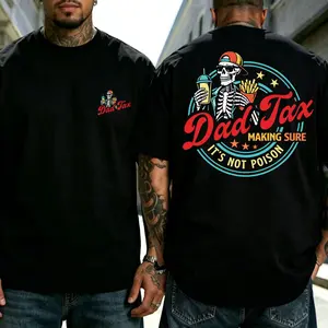 Men’s “Dad Tax” double-sided print graphic T-shirt, retro skeleton fast food oversized tee, funny dad joke streetwear top (“Making sure it’s not poison”), ideal Father’s Day gift