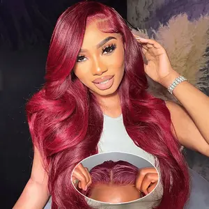 Bling Hair Body Wave 9x6 Glueless Wig Burbundy #99j Colored Preplucked Remy Brazilian 7x5 Lace Closure HD Lace No Tangling No Shedding 180 Density Wig