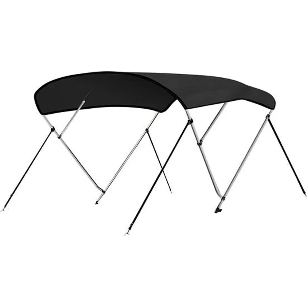 4 Bow Bimini Top Boat Cover - Gray, Marine-Grade 600D Polyester Canopy with Aluminum Frame, Rear Support Poles, Adjustable Windproof Straps, Front Hold-Downs, Double Overlapped Stitching, Hardware & Storage Boot