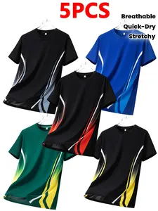 Pack of 5 men’s summer sports-casual T-shirts with a crew neck, slight stretch, quick-drying, breathable fabric, geometric patterns available in multiple colors. Suitable for outdoor fitness, running, everyday wear, gifting to couples, and teens.